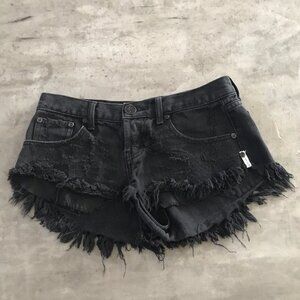 One Teaspoon Bonitas Shorts 26 Black Cut off Denim Button Fly Destroyed Festival